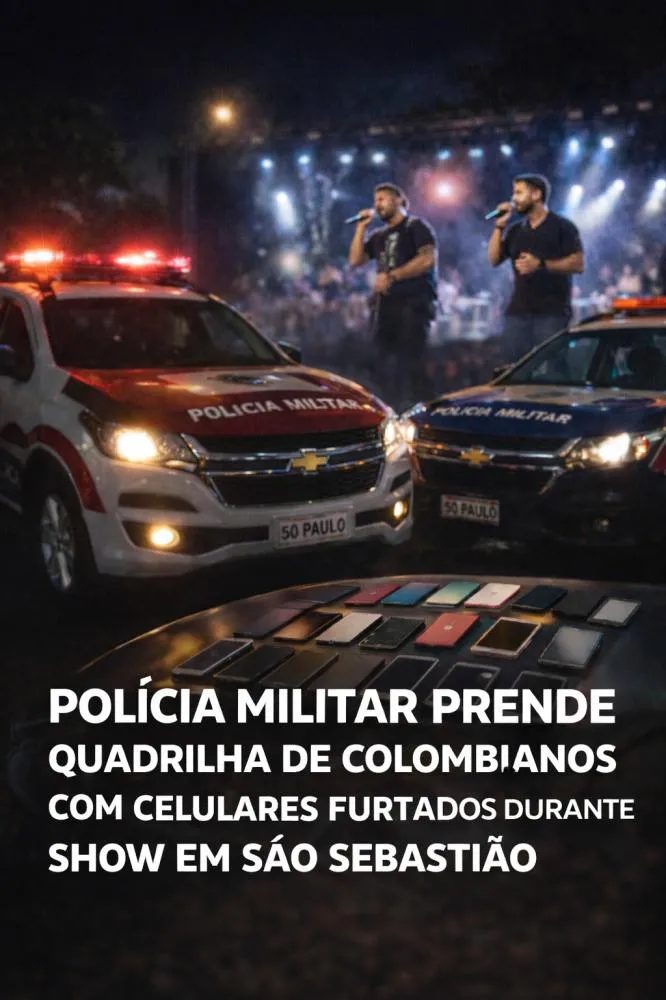 Polícia Militar prende quadrilha de colombianos com celulares furtados durante show em São Sebastião. Imagem ilustrativa criada por inteligência artificial.