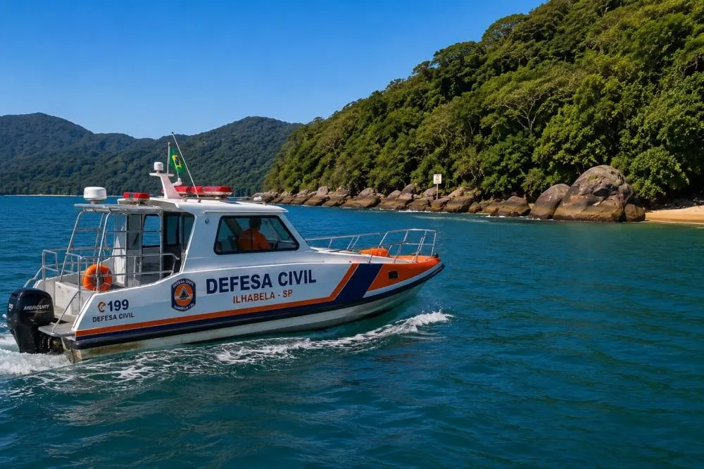 Equipes da Defesa Civil e forças de resgate atuam nas buscas por jovem desaparecido após acidente com jet ski em Ilhabela. Imagem gerada por inteligência artificial.