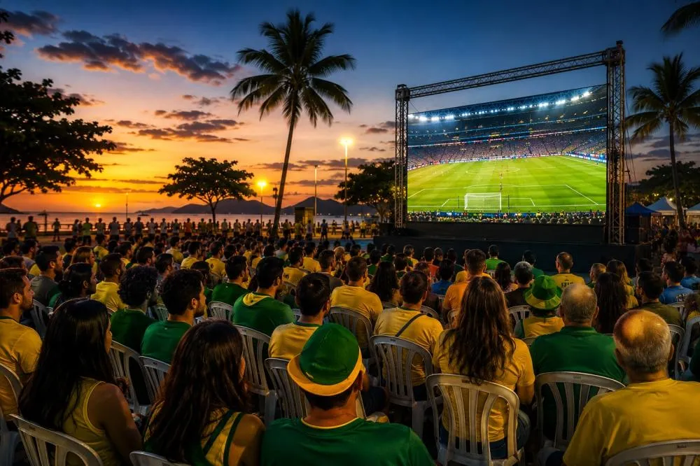 A Praça Pôr do Sol, em Boiçucanga, será um dos pontos oficiais de transmissão dos jogos da seleção brasileira durante a Copa do Mundo, reunindo moradores e turistas na Costa Sul de São Sebastião. Imagem gerada por IA.