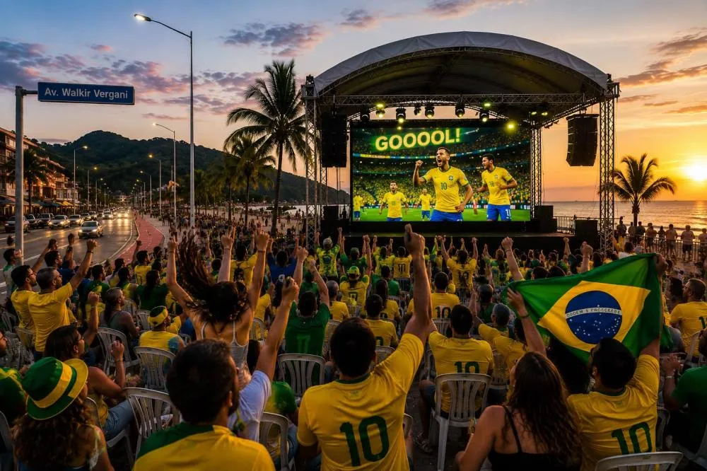 Torcedores poderão acompanhar o jogo da Seleção Brasileira em um telão instalado no palco da Praça do Pôr do Sol, em Boiçucanga, com programação musical antes e depois da partida.